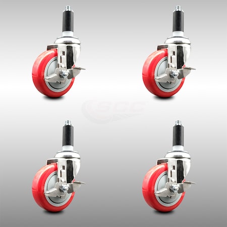 Service Caster 4 Inch 316SS Red Poly Swivel 1-1/8 Inch Expanding Stem Caster Set Brake SCC SCC-SS316EX20S414-PPUB-RED-TLB-118-4
